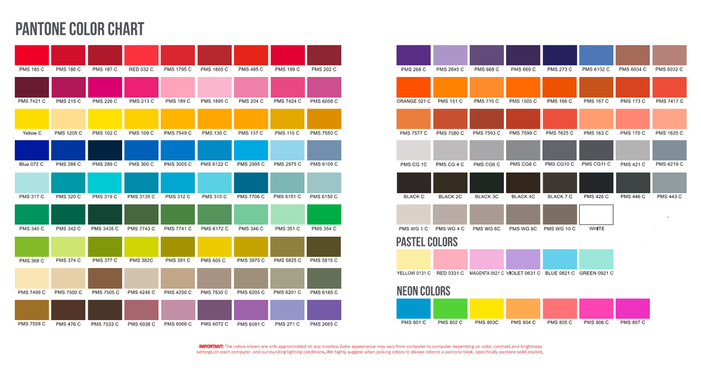 Color Chart — Trendy Topics Custom T-Shirts and More