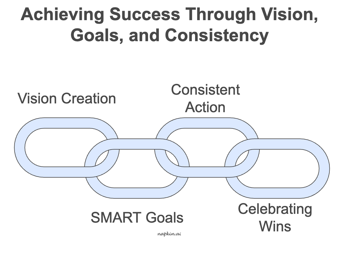 An infographic about achieving success through vision, goals, and consistency.