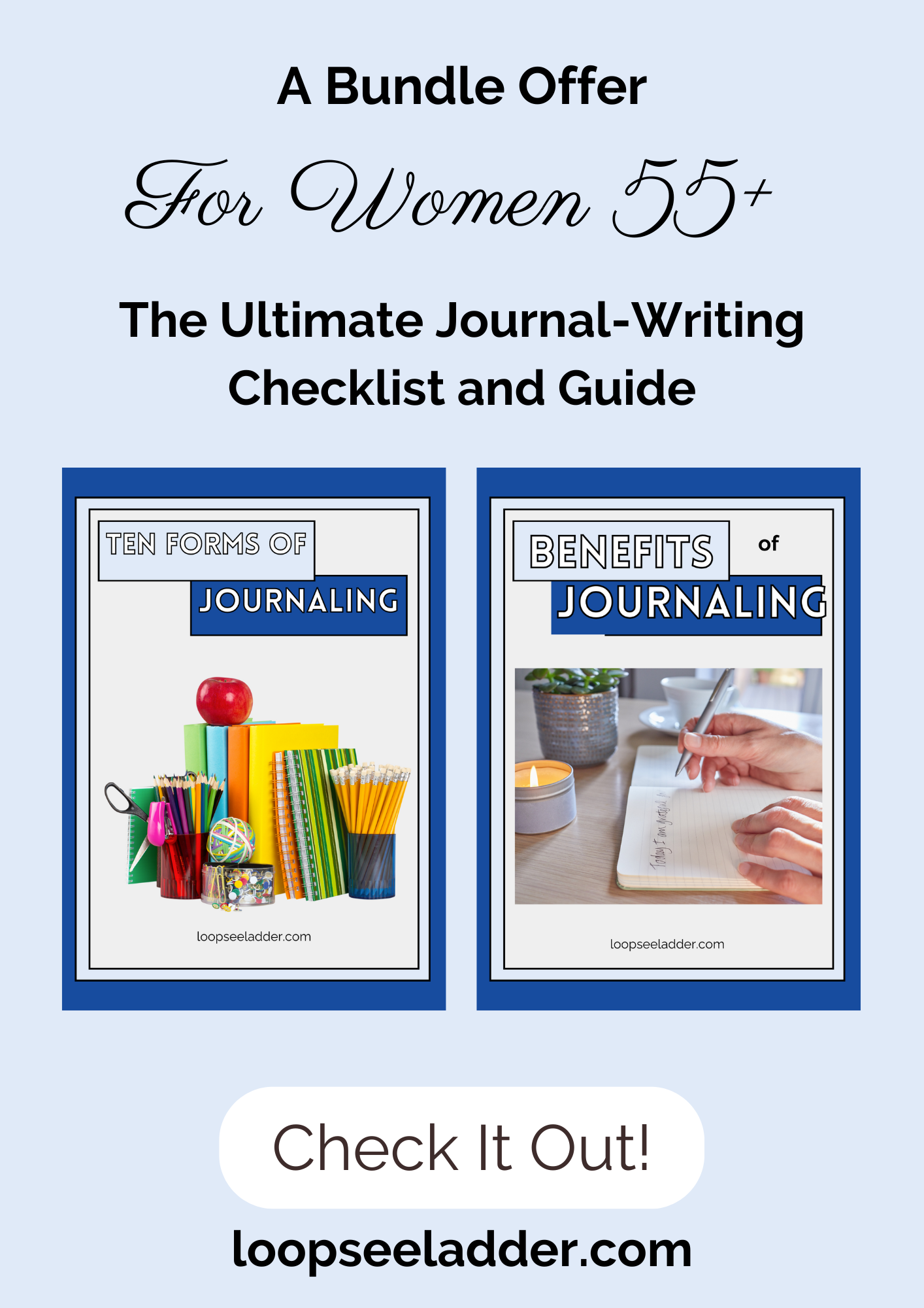 A pin showing our Benefits of Journaling Checklist and our Ten Forms of Journaling Guide