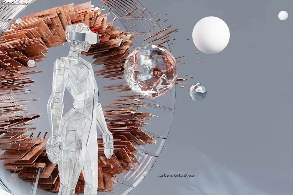 A graphic of a futuristic woman made of glass with orbs in her view representing the power of untapped potential for women over 55.