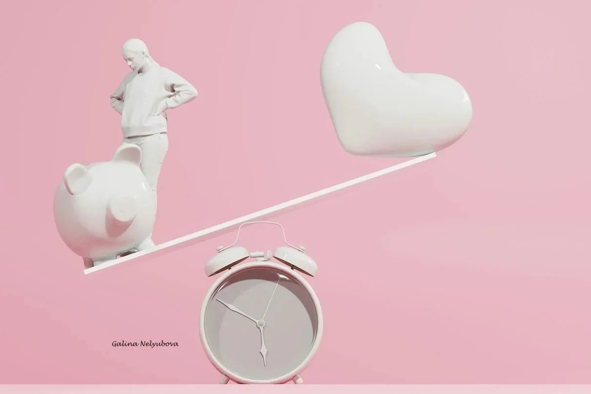 A graphic with a clock, a man, a piggy bank and a heart representing that life is about finding balance.
