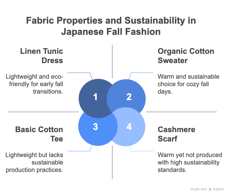 An infographic about fabric properties and sustainability in Japanese fall fashion.