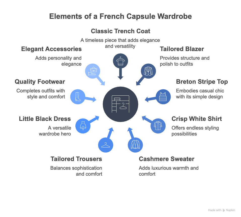 An infographic about the elements of a French capsule wardrobe.