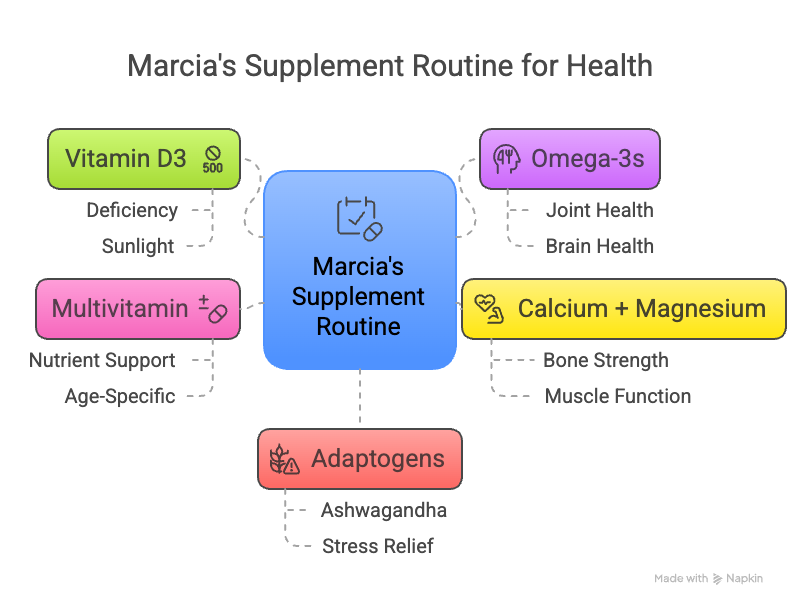 An infographic about Marcia's supplement routine for health.
