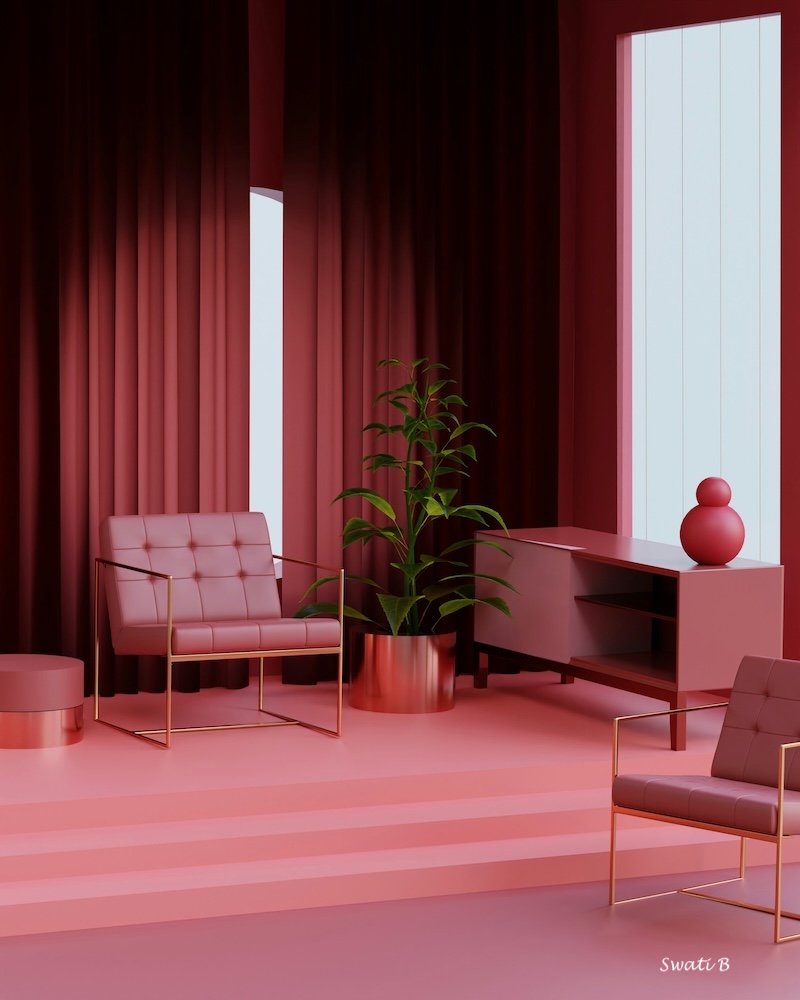 A pink minimalist living room.