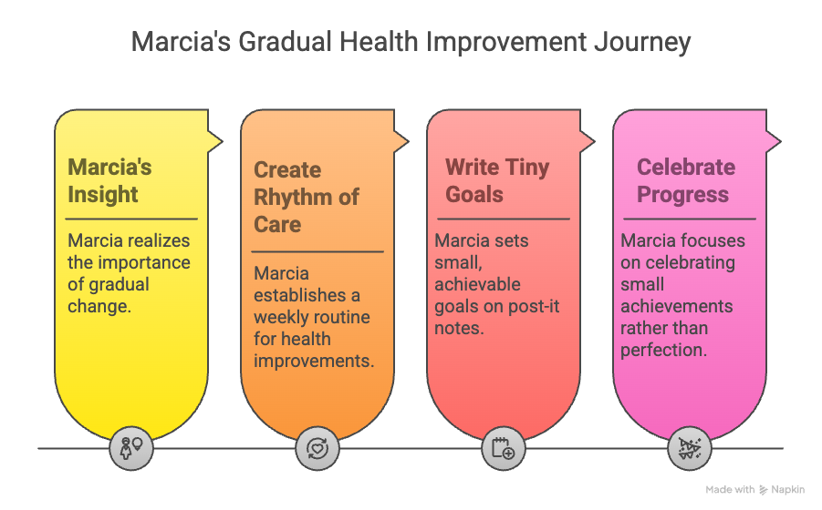 An infographic about Marcia's gradual health improvement journey.
