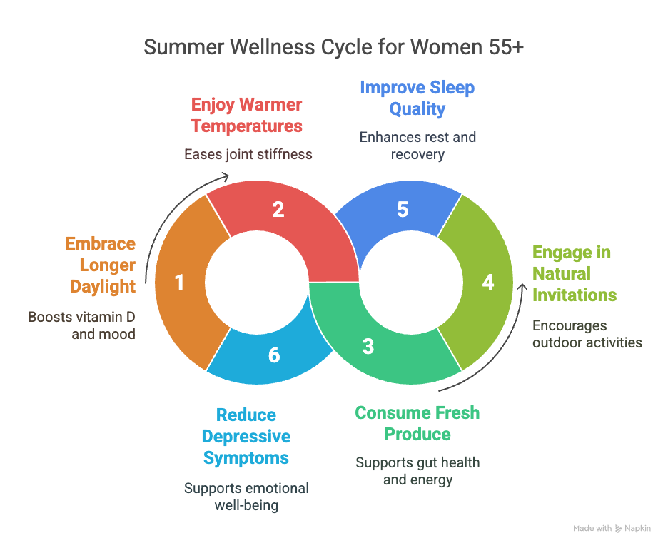 An infographic about the summer wellness cycle for women 55+.