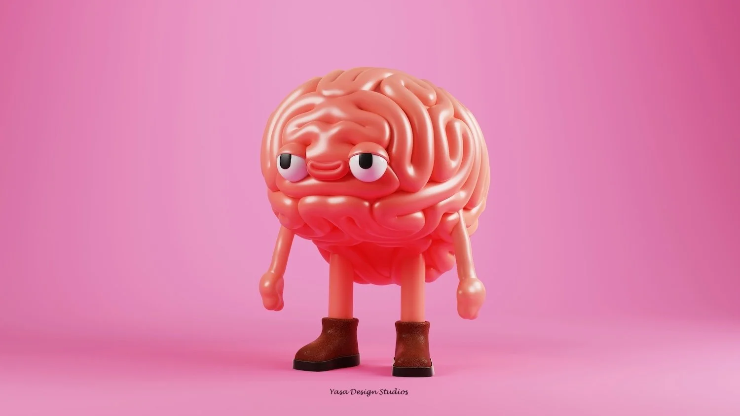 A graphic of a pink brain with googly eyes and wearing boots.