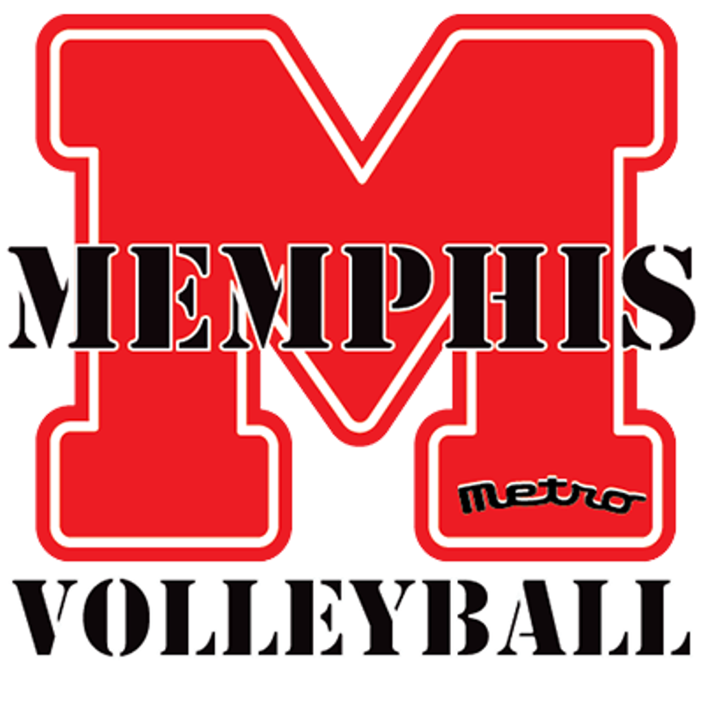 Memphis Metro Volleyball logo with a large red letter M outlined in white and black, with the word 'MEMPHIS' crossing through the middle, and the words 'Metro' and 'VOLLEYBALL' written underneath.