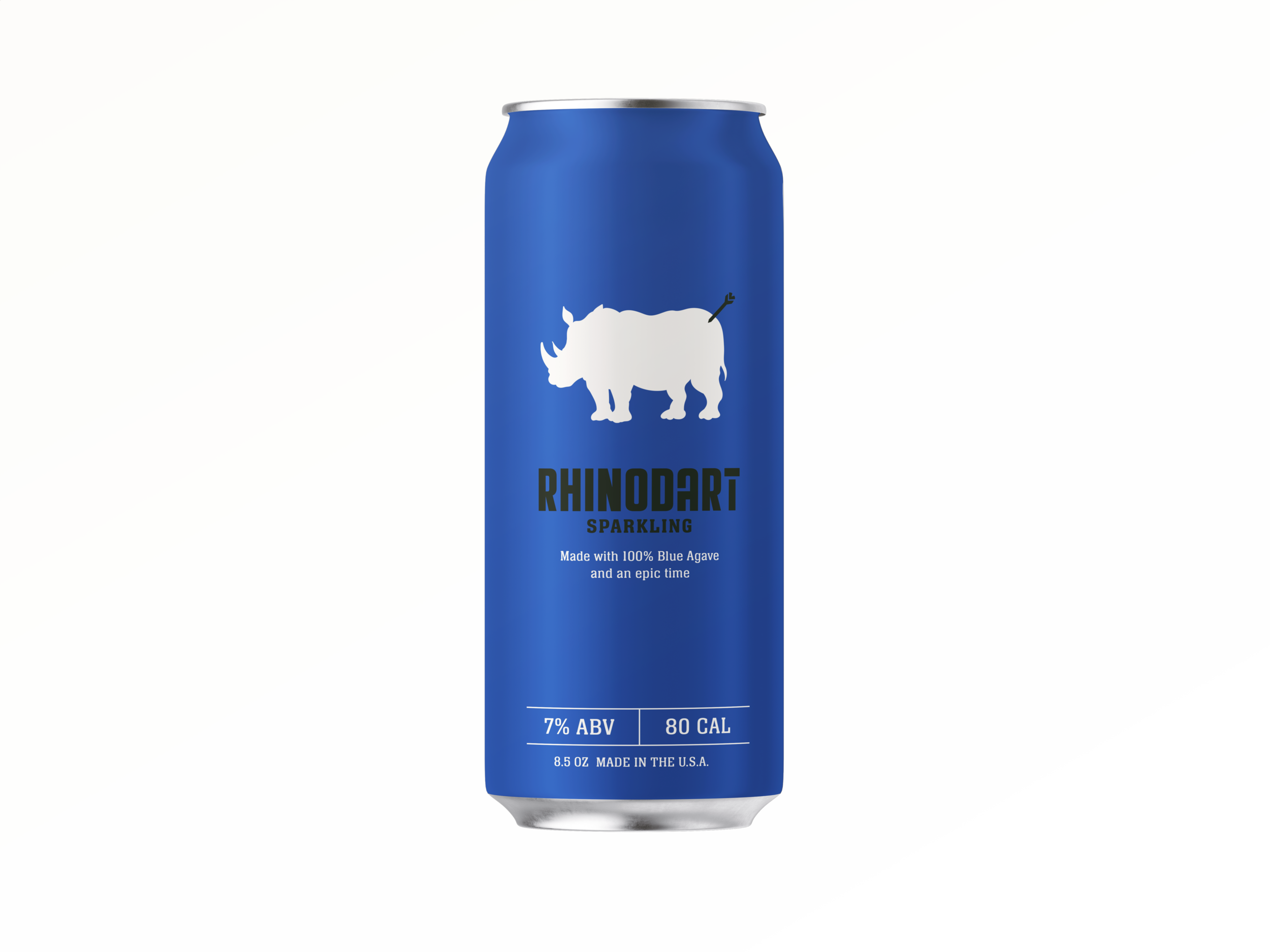 A blue aluminum can of Rhinoaert Sparkling with a silhouette of a rhinoceros and a small arrow in the horn, featuring text details including alcohol content, calories, and ingredients.