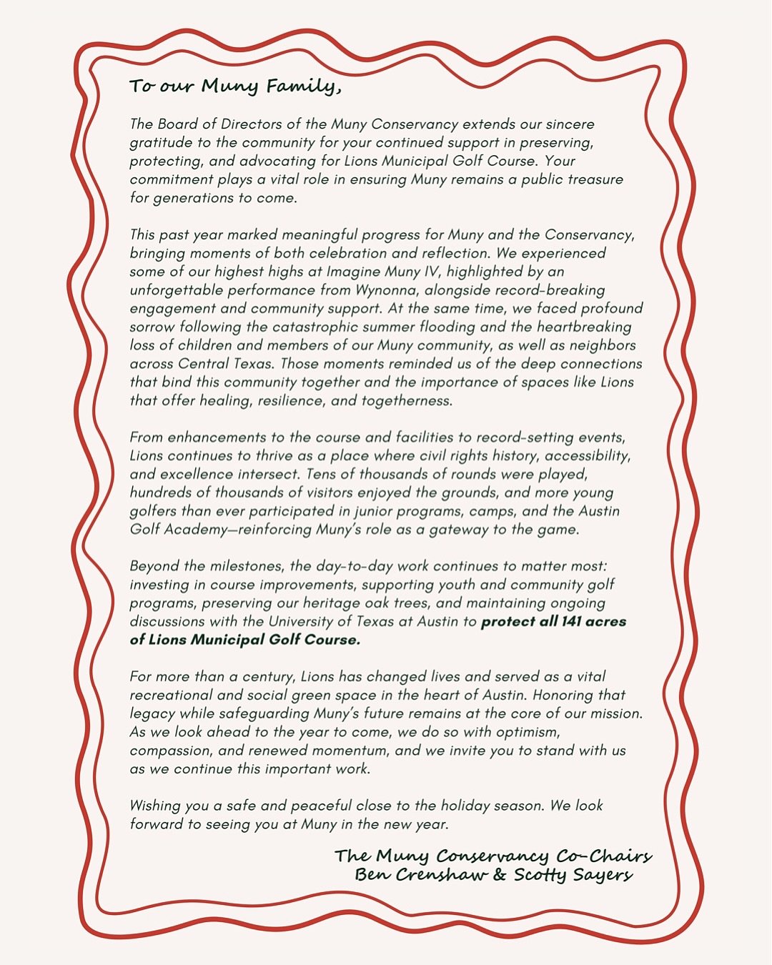 What a year! Reflecting on 2025 and we&rsquo;re filled with gratitude for our incredible community. Read a letter from our Co-Chairs and swipe to relive the year&rsquo;s highlights 💚 

#SaveMuny #MunyConservancy #LionsMunicipalGolfCourse #ImagineMun