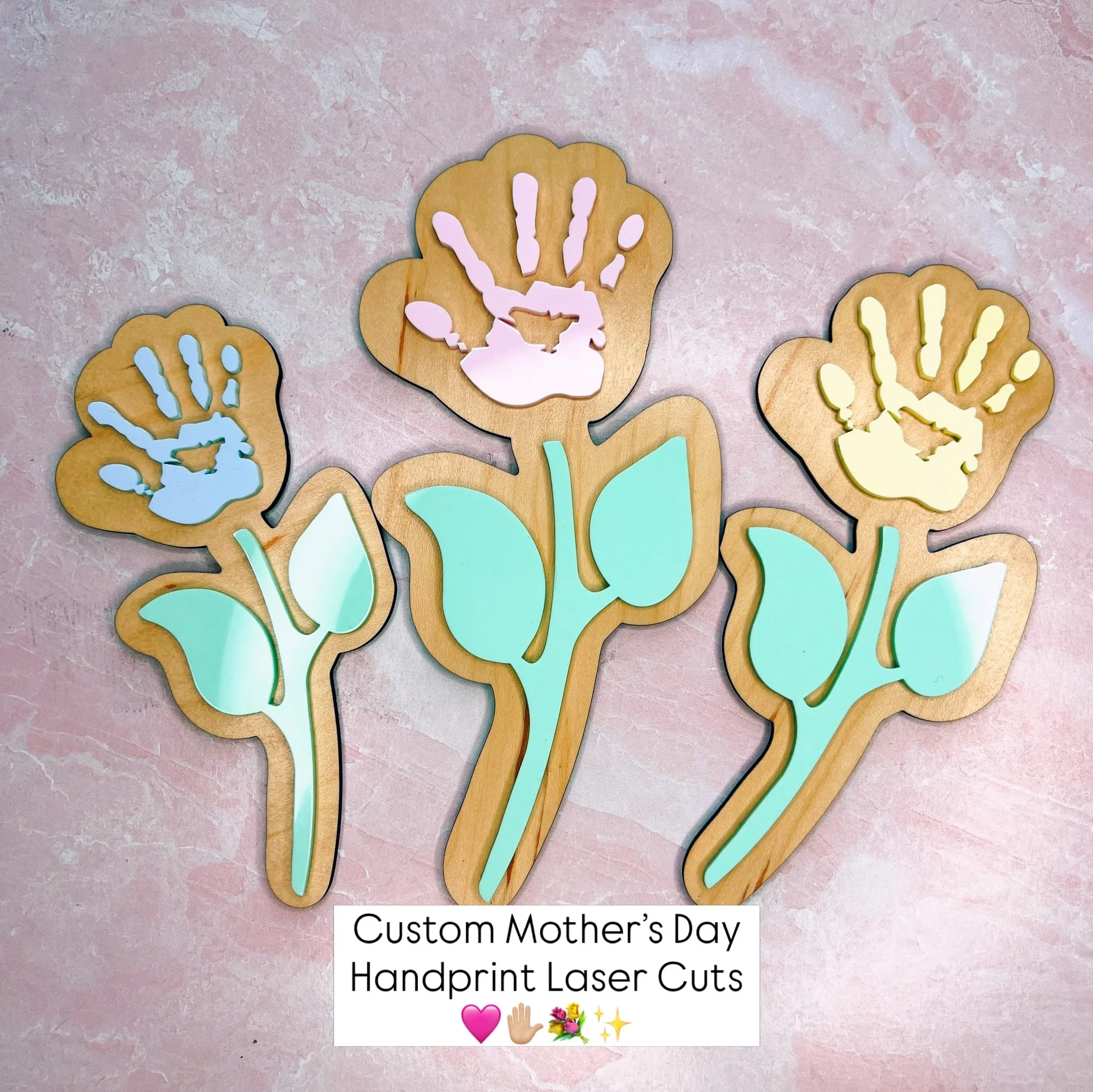 We have officially entered busy wedding season for 2026🤍💍✨ But not without some custom Mother&rsquo;s Day gifts for sale💐
&bull;
&bull;
Lots of asks for custom laser cuts lately, and these flower hand prints are the sweetest way to show all of the