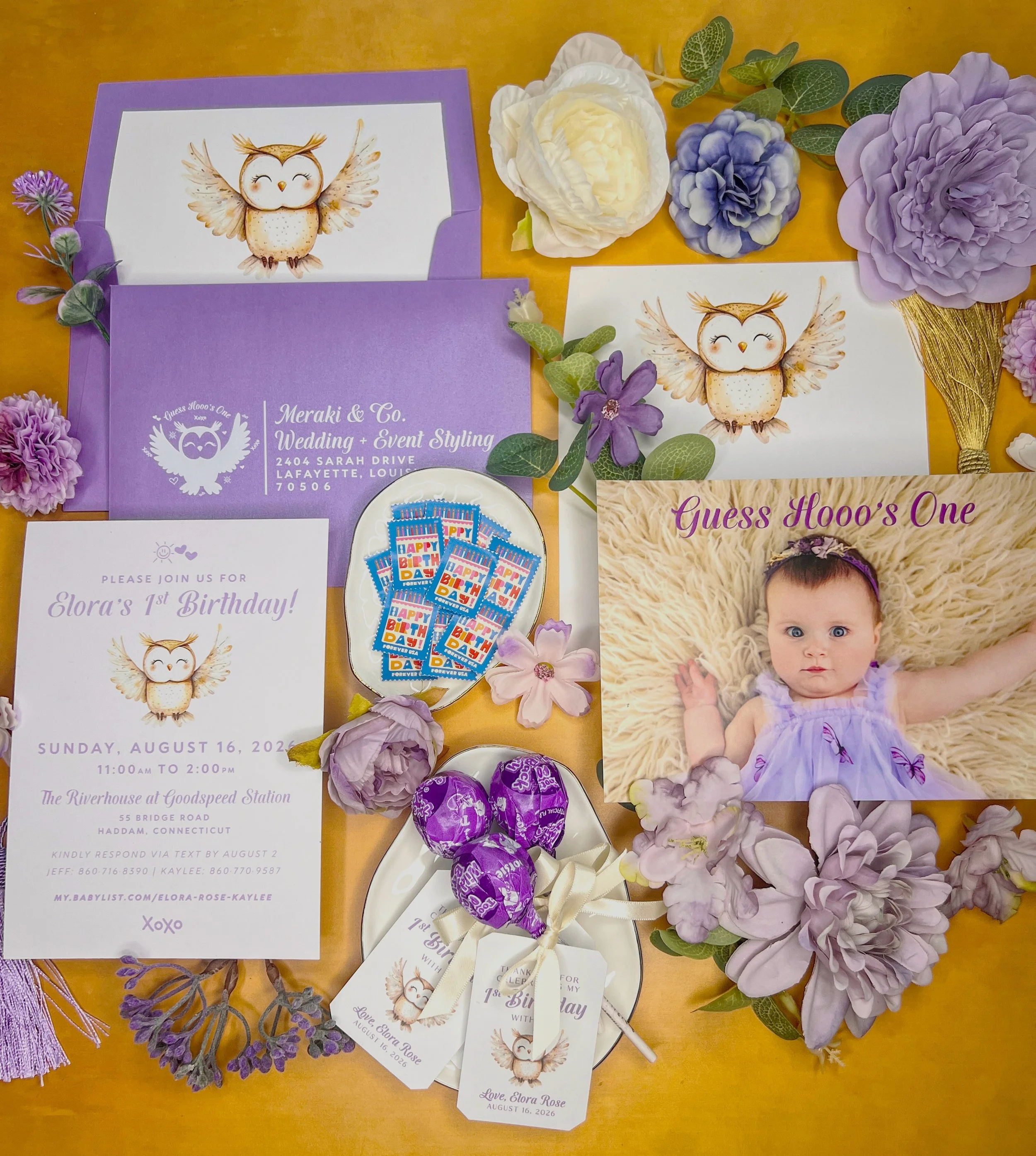 Some sweet details from my Elora girl&rsquo;s 1st Birthday party in August🥹🎀✨💜🫶🏼🍬🦉 
&bull;
&bull;
Our &ldquo;Guess Hooo&rsquo;s One&rdquo; theme was perfect for our little owl lover🦉 We had such a perfect day celebrating our girl and she had 
