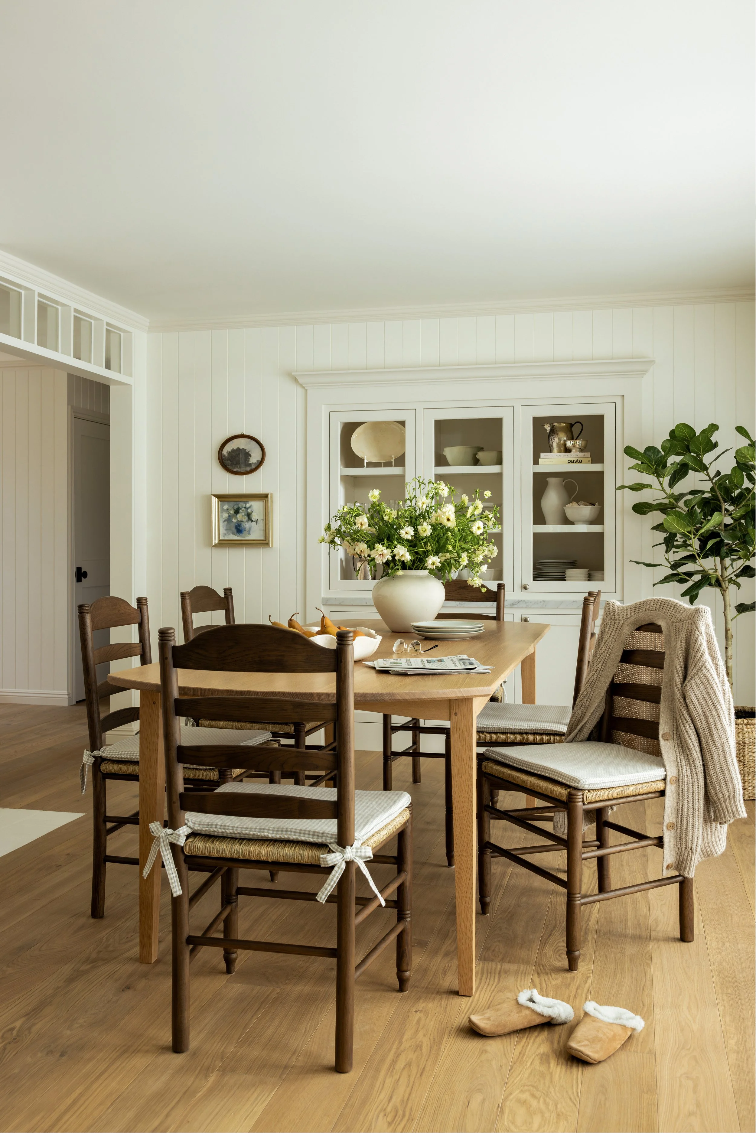 Camber Dining Table in White Oak, extra slim aprons.