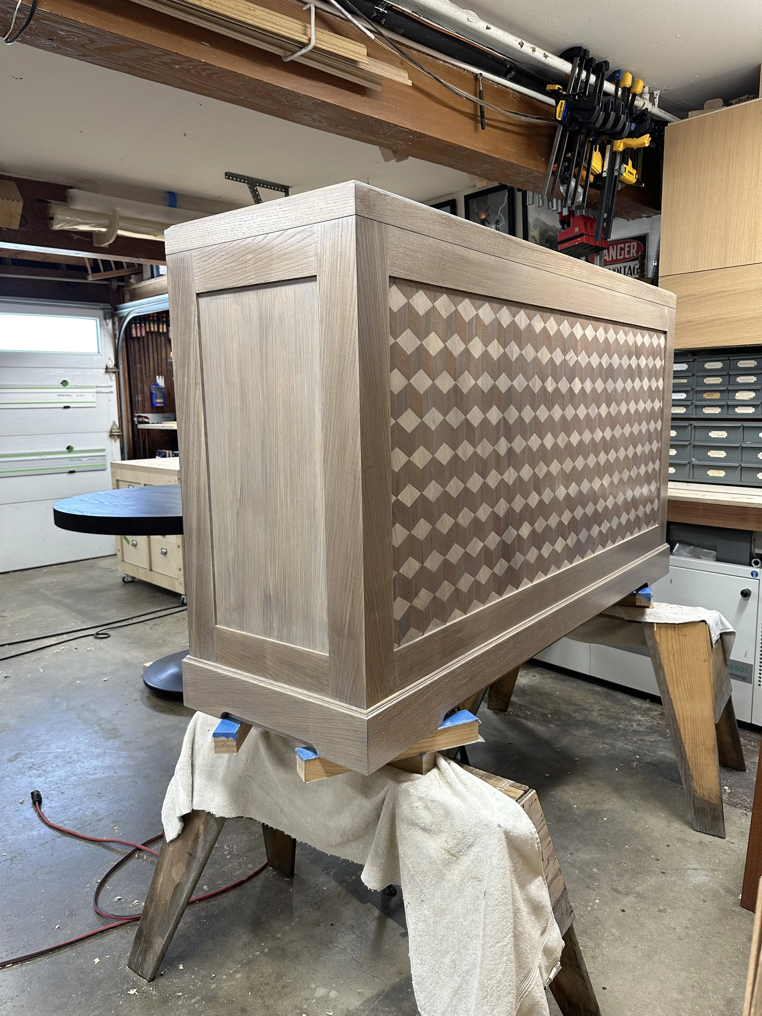 Faux Chest TV Lift with Marquetry Front - Antique wash finish