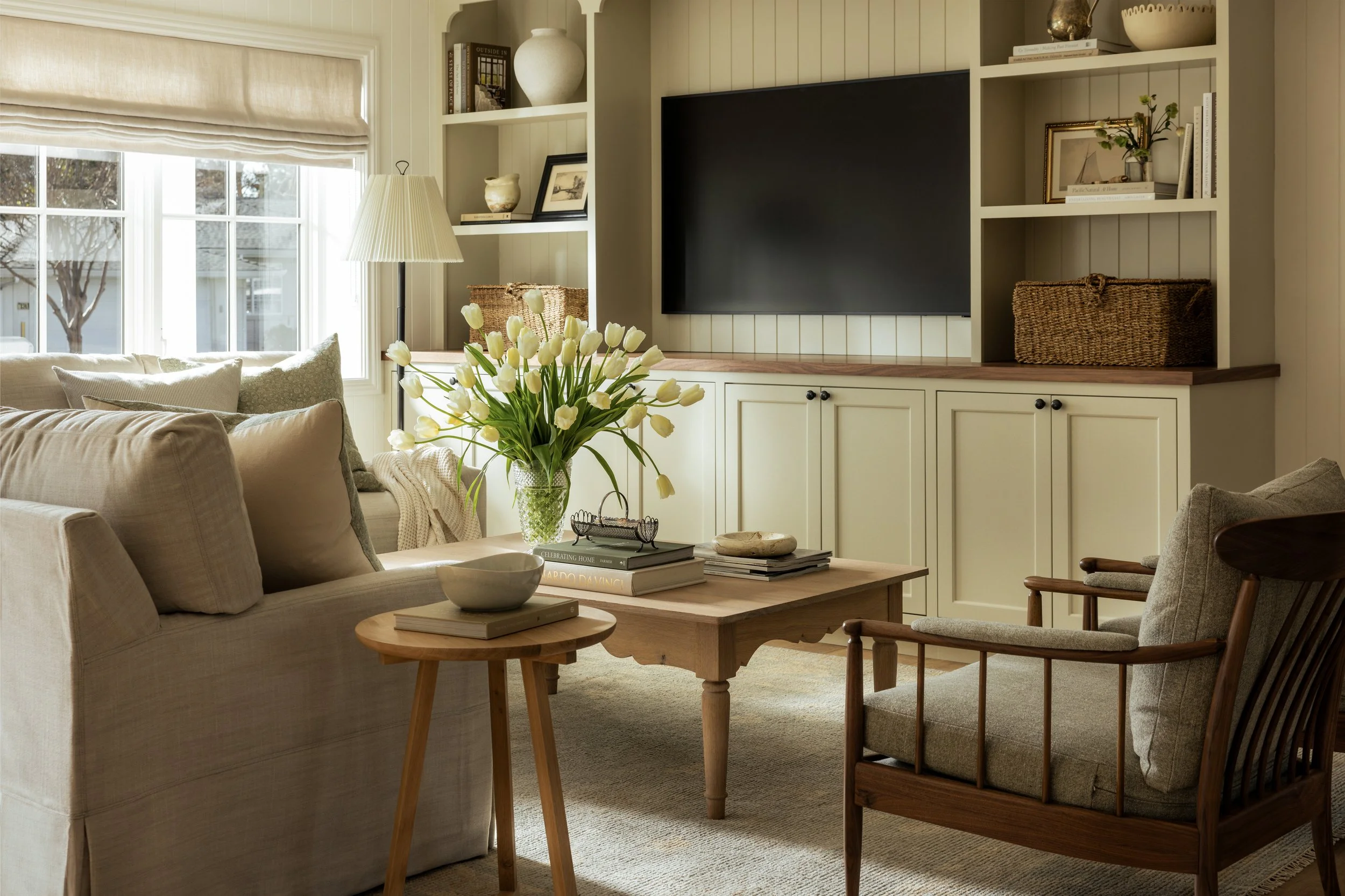 Coffee table with antique inspired aprons and turned legs, White Oak, distressed
