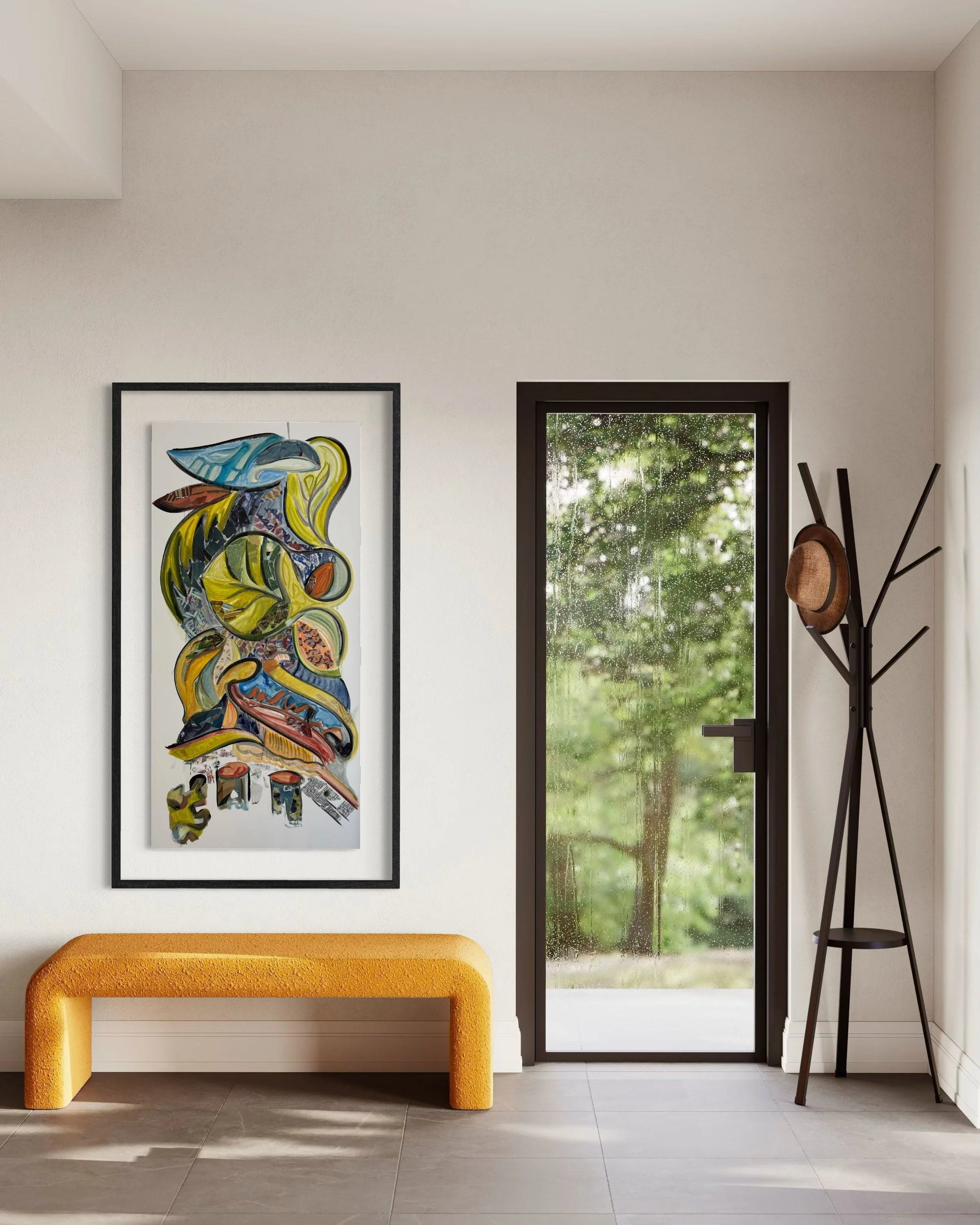  Mango Melody . Oil, pastel & paper on canvas. 42 x 38 in.