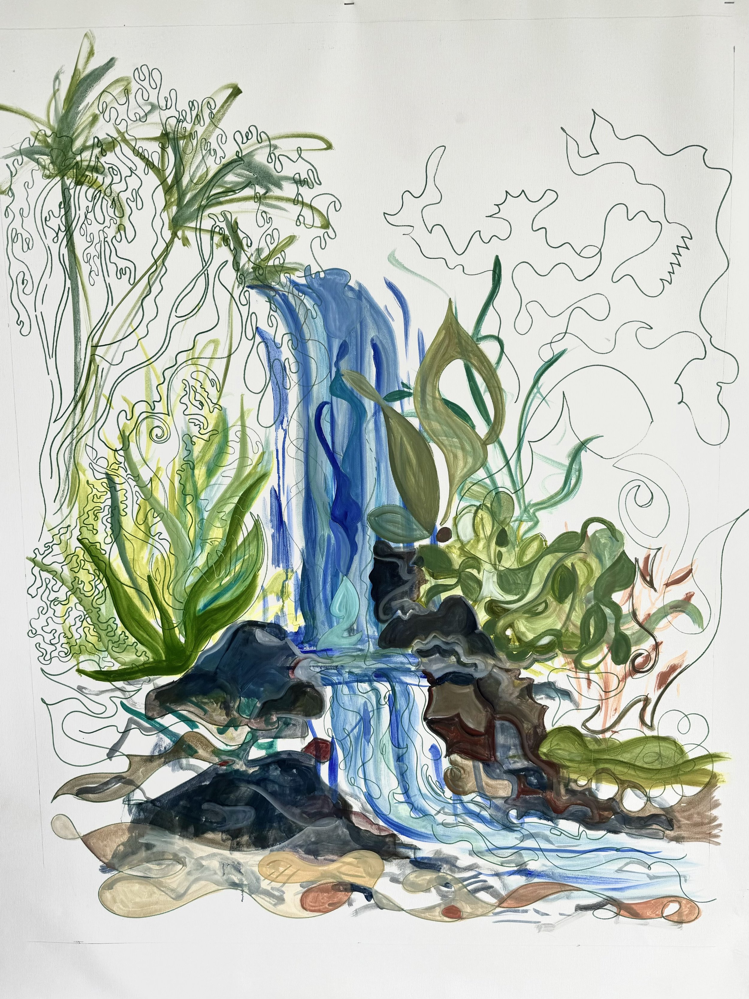  Waterfalling . Oil and pen on canvas. 32 x 42 in. 