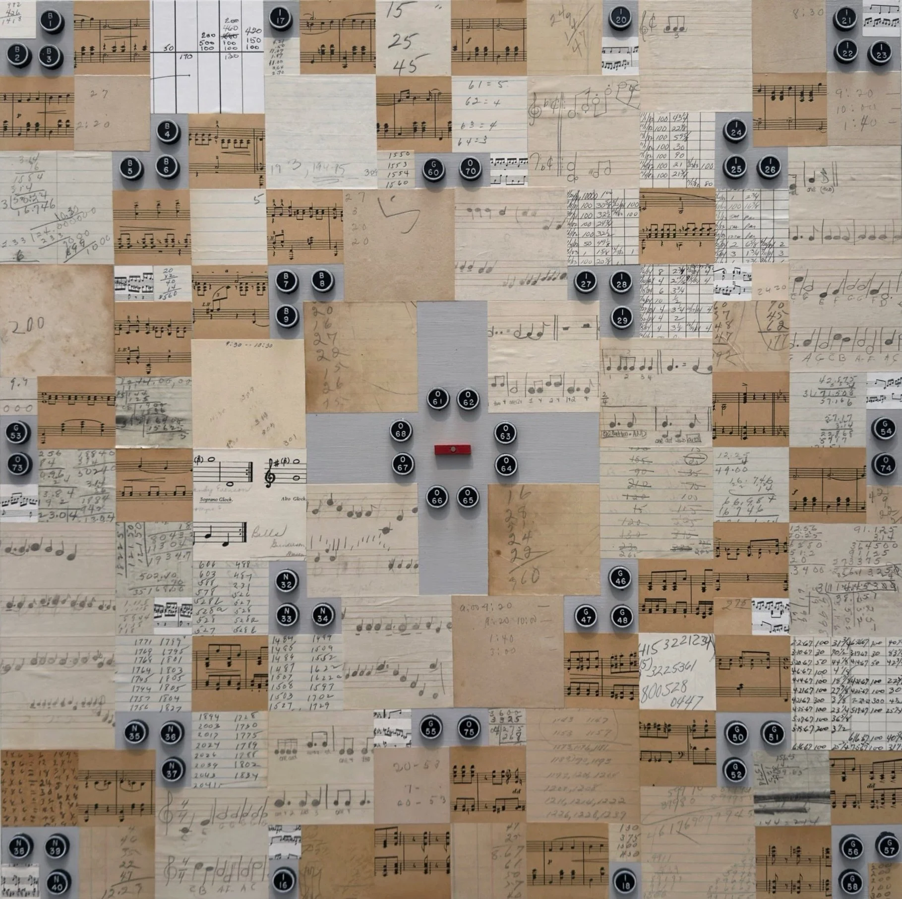 REST ~ Sheet Music, Ephemera, Bingo Game Caller Buttons on birch panel ~ 24 x 24 x 2.5 in