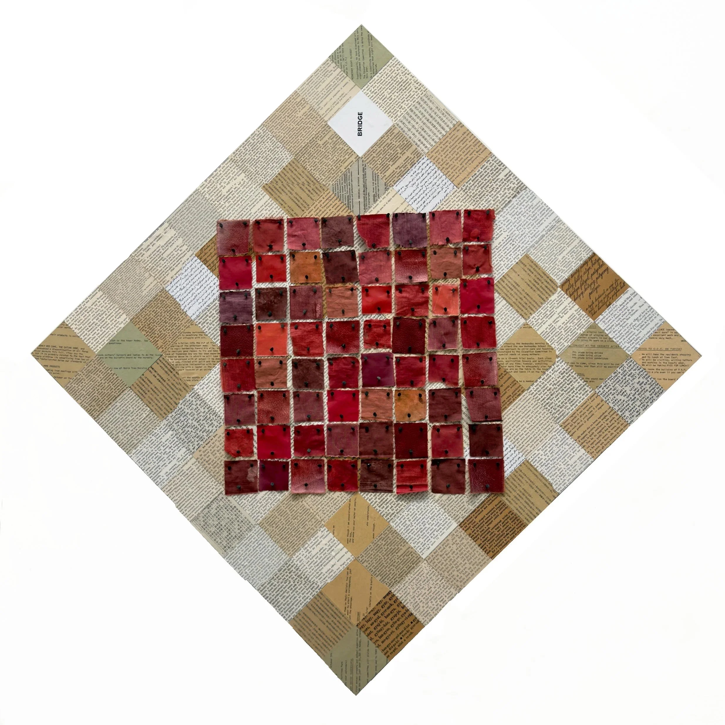 SPOKEN ~ Assemblage with language texts and nailed book cloth on birch panel (Lozenge) ~ 42 x 42 x 2.5 in