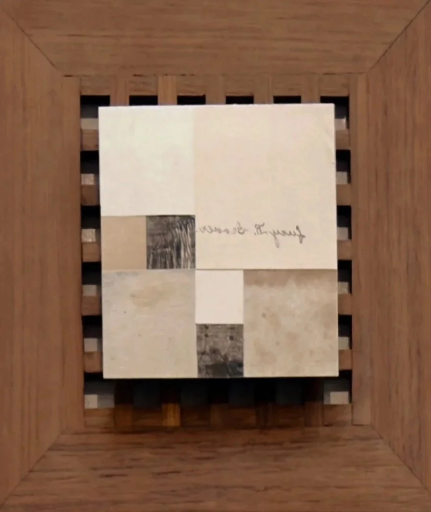 TRIBUTE (1 in group of 5) ~ Assemblage with ephemera, book page, death announcement, human hair, and wooden lattice panels  ~ 2 at 12 in sq and 3 at 8 in sq) ~ SOLD