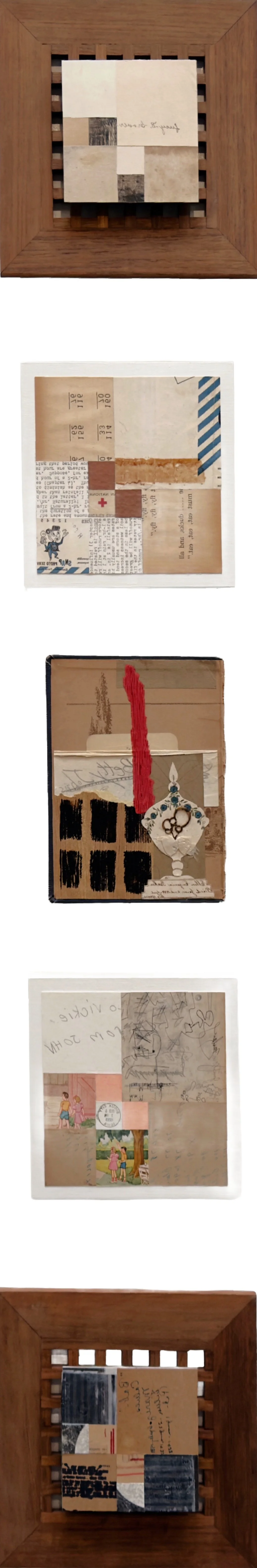 TRIBUTE (group of 5 panels) ~ Ephemera, Book page, Death Announcement, Human Hair, Wooden Lattice Panels ~ 56 x 12 x 2 in ~ SOLD