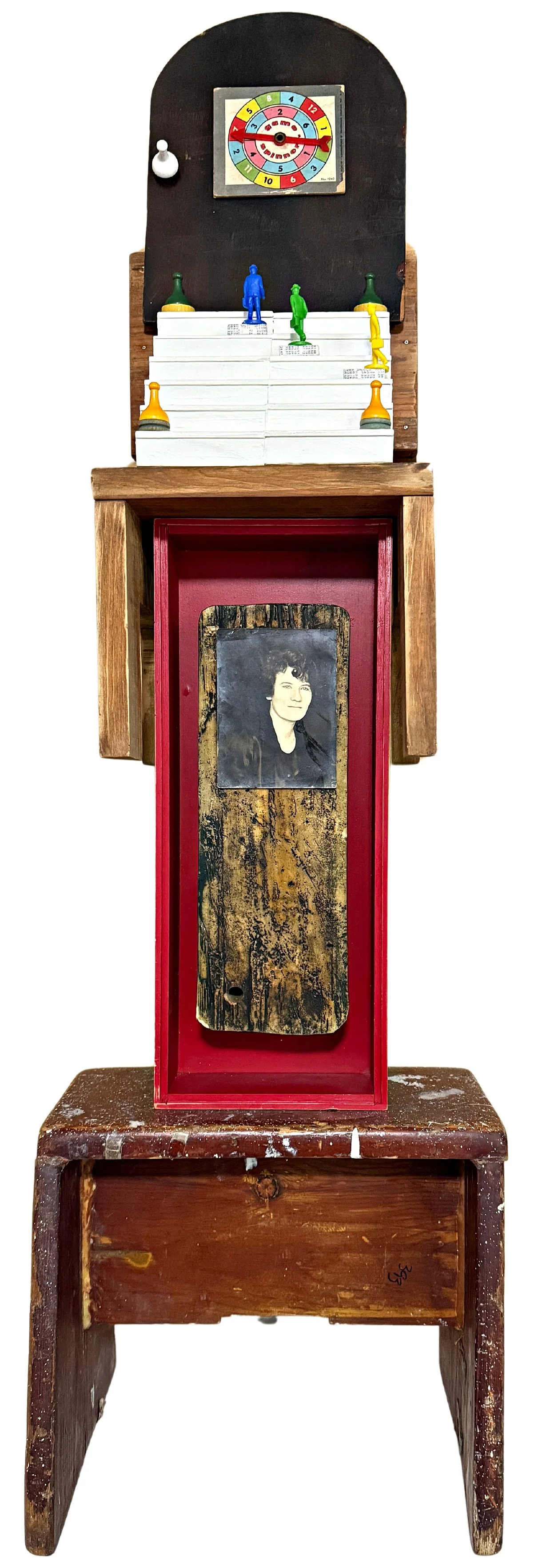 LIKE FLINT ~ Vintage Board Game Pieces, Original Found Photograph, Found Wood, Wooden Chair and Stool ~ 39 x 12 x 14 in
