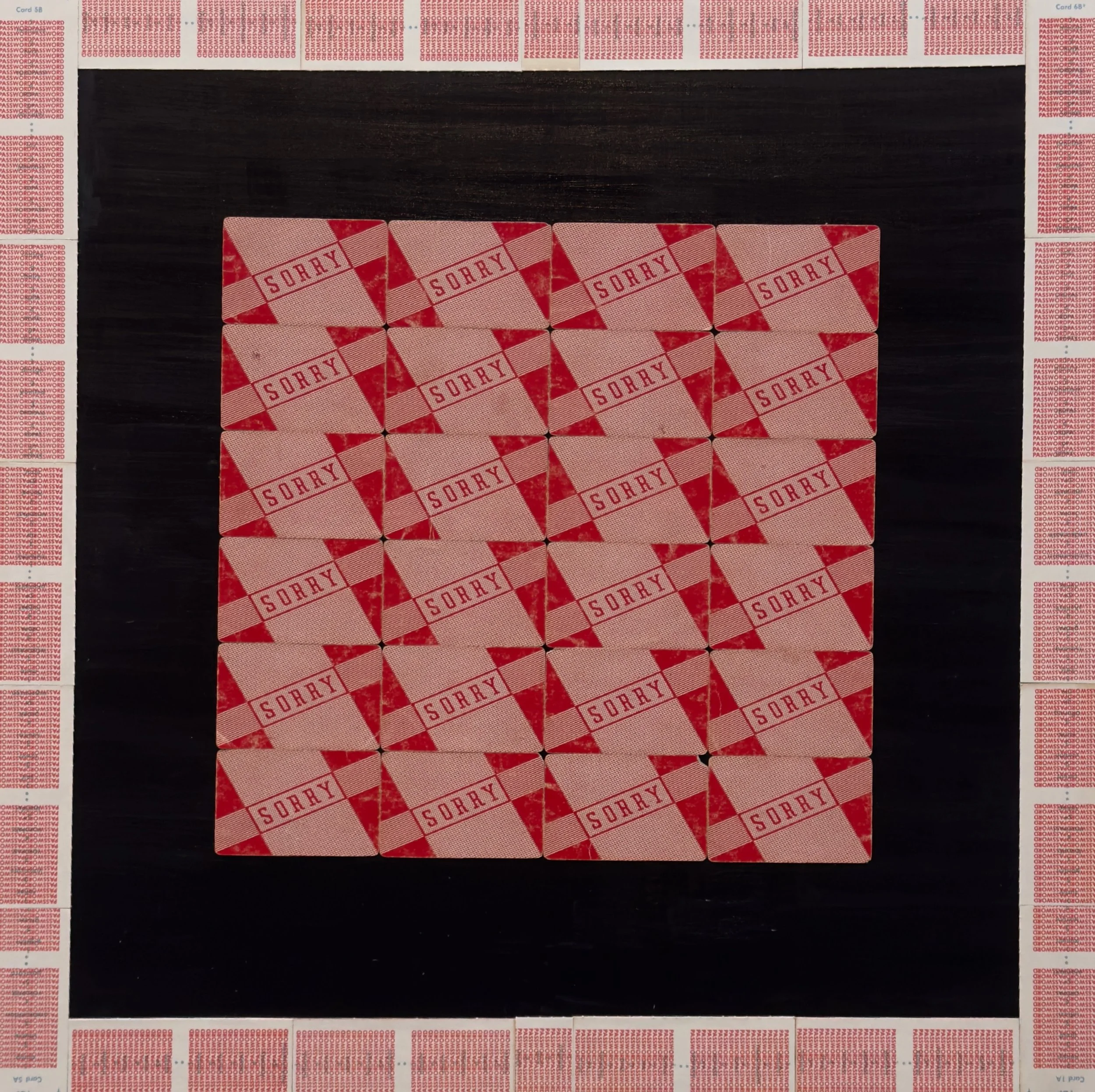 PASSWORD IS ~ Vintage Sorry Game Cards, Password Game Pieces on birch panel ~ 24 x 24 x 2.5 in