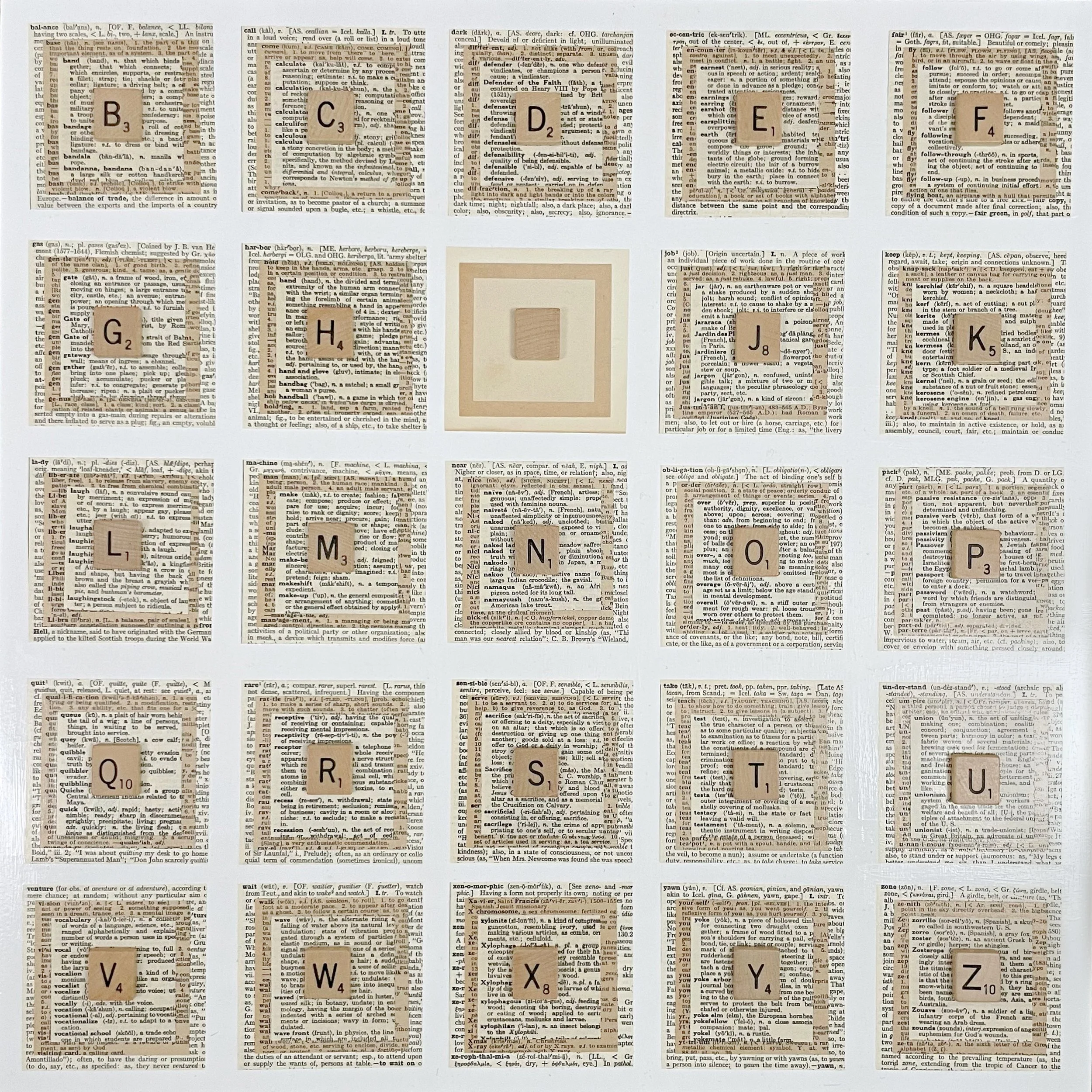 TIME OUT FOR TWO ~ Scrabble Pieces, Dictionary Pages on Birch Panel ~ 18 x 18 x 2 in ~ SOLD