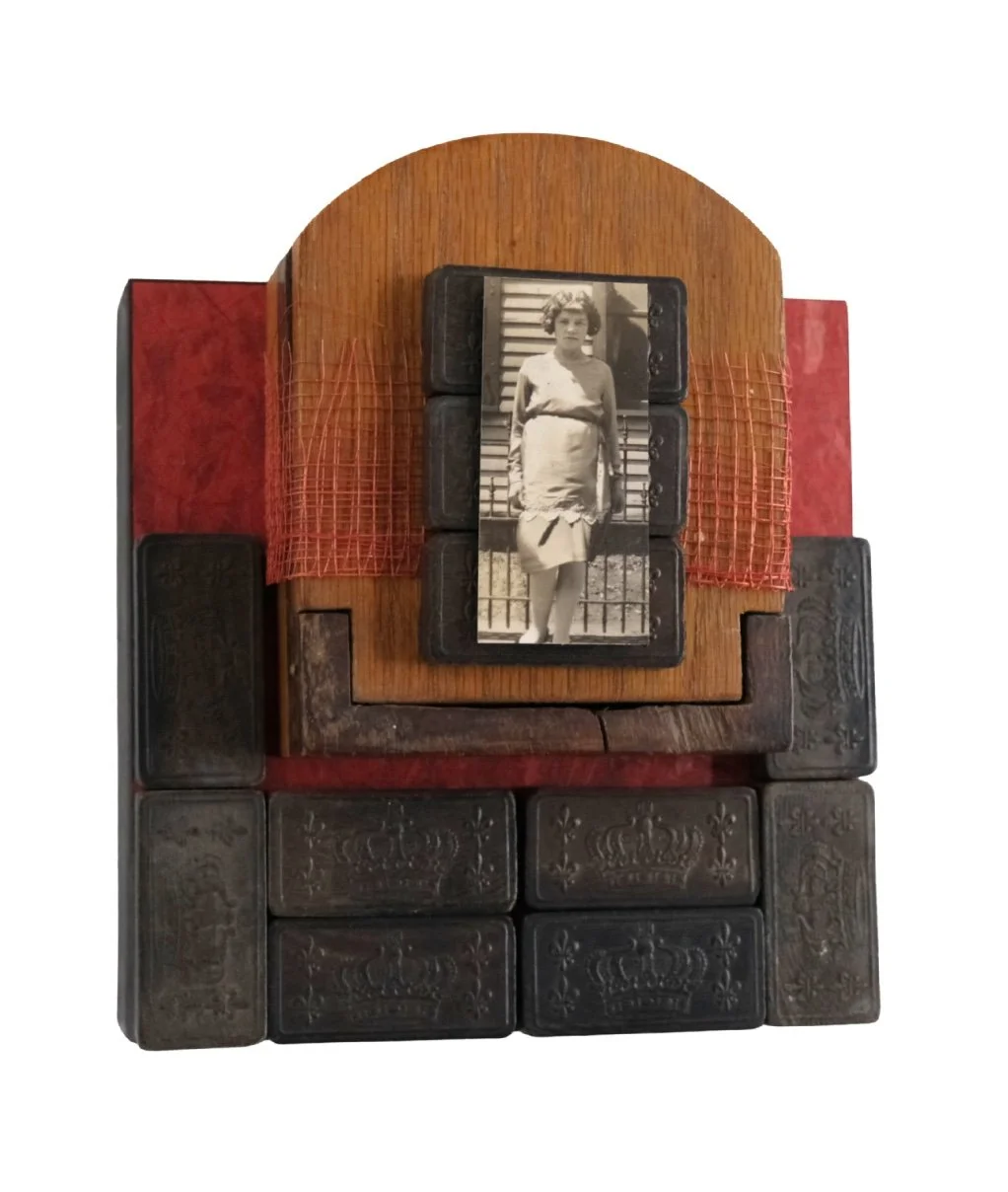 LOIS ~ 7 x 6 x 3 in ~ Assemblage with found items including an original photograph, dominos and mesh ~ On exhibit at Galatea Fine Arts Boston, MA Dec 5-28