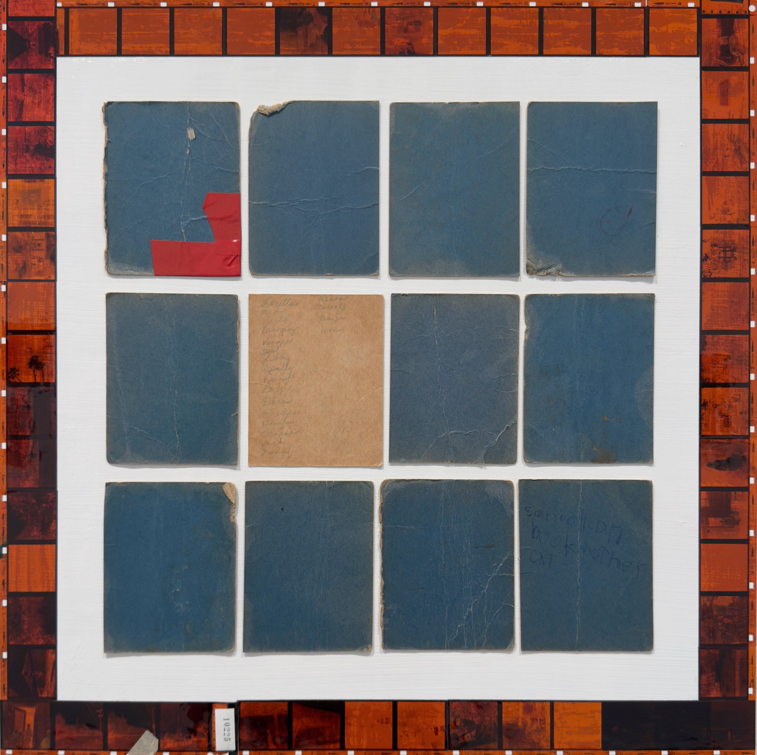 TWELVE ~ Collage with degraded photographic negatives and book covers on birch panel ~ 18 x 18 x 2 in