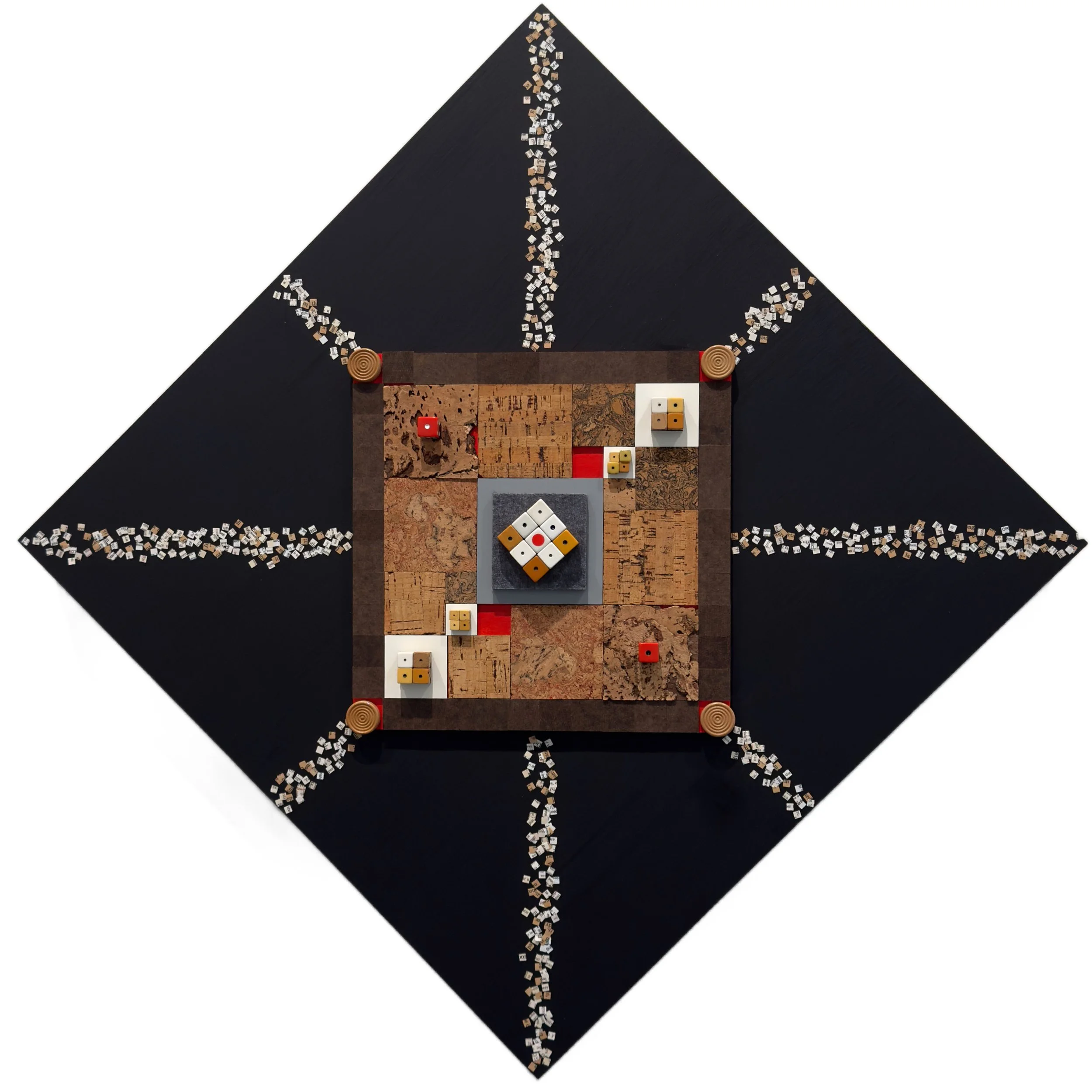 WE ARE ONE ~ Vintage dice, cork, felt, checkers, book page fragments on birch panel ~ 34 x 34 x 2.5 in