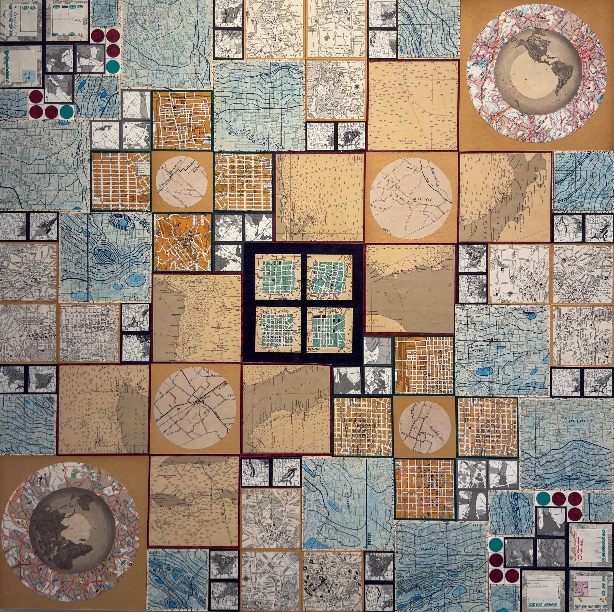 BORDERS ~ Road Maps, Book Pages, Crayon Colored Oil Map, Hand-drawn Maps, Unryu Paper on Birch Panel ~ 40 x 40 x 2 in ~ SOLD