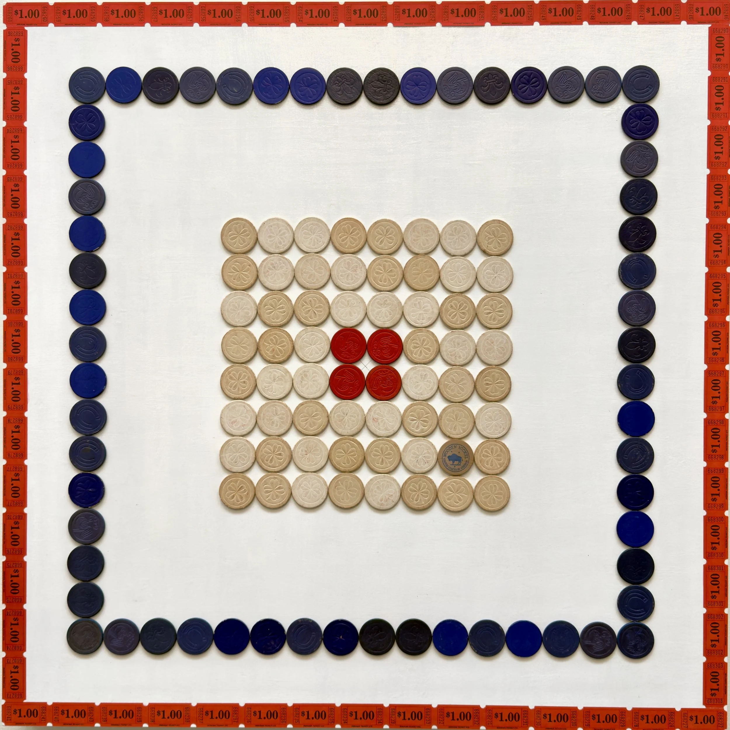 WOODEN NICKEL ~ Poker Chips, Carnival Tickets, Wooden Nickel on Birch Panel ~ 30 x 30 x 2.5 in ~ SOLD