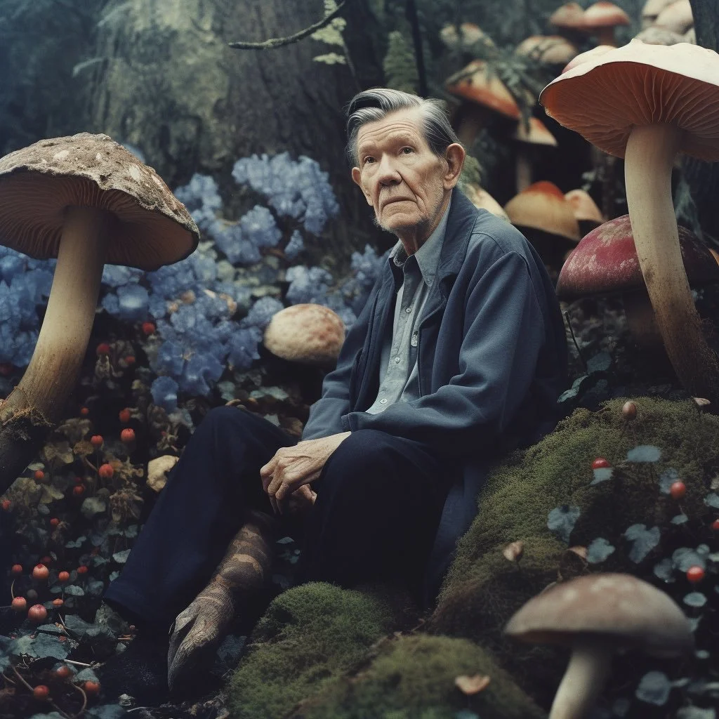 Inspired by the great twitter account &ldquo;composers doing normal shit&rdquo; @normal.composers here&rsquo;s a new midjourney series envisioning some of my favorite avant garde composers in their happy places.

1. John Cage in the woods with mushro