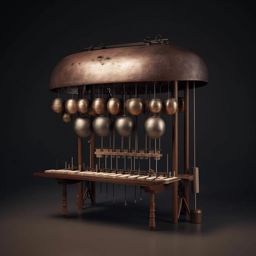 Prototyping hybrid musical instruments in midjourney volume 1:

1. The Gongaphone - vibraphone crossed with bell gongs
2. The Pipessynth - breath powered polysynth and sampler complete with holster for whiskey flask
3. The Kora Harp
4. The Marimba Ka