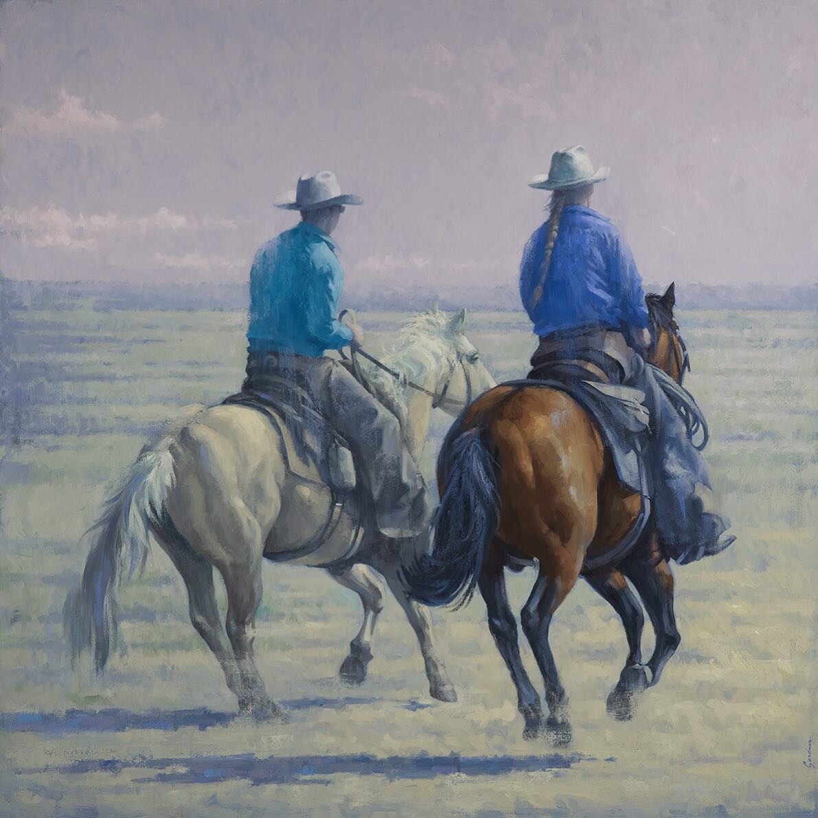 Two Riders From Chico, Jake &amp; Sam, husband &amp; wife. 48 x 48 o/c
@stuffsam_sees @ranchlands 
#art #americanwest #oilpainting #ranchers #conservation