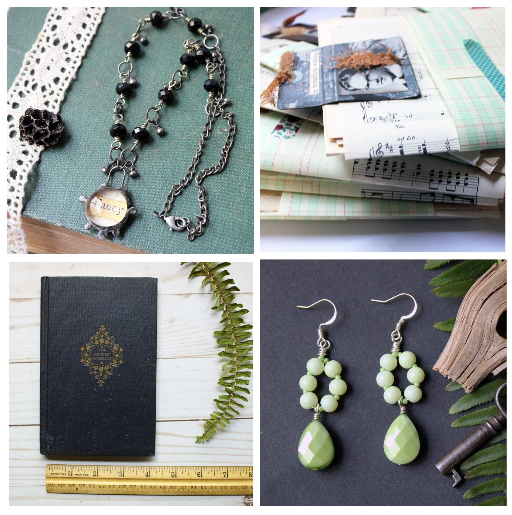Collage with the 1st photo of a handmade necklace. The second shows a stack of bundled book pages. The third is a vintage book. The fourth photo is of a pair of beaded earrings.