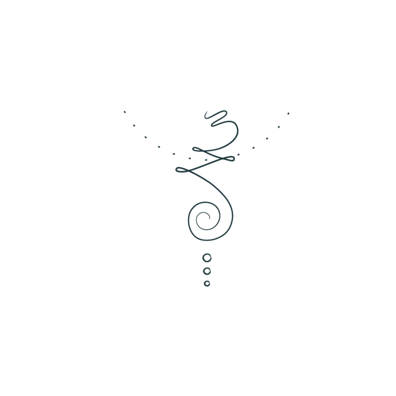 Decorative hand-drawn line art with a central spiral, abstract shapes, and small dots surrounding it on a black background.
