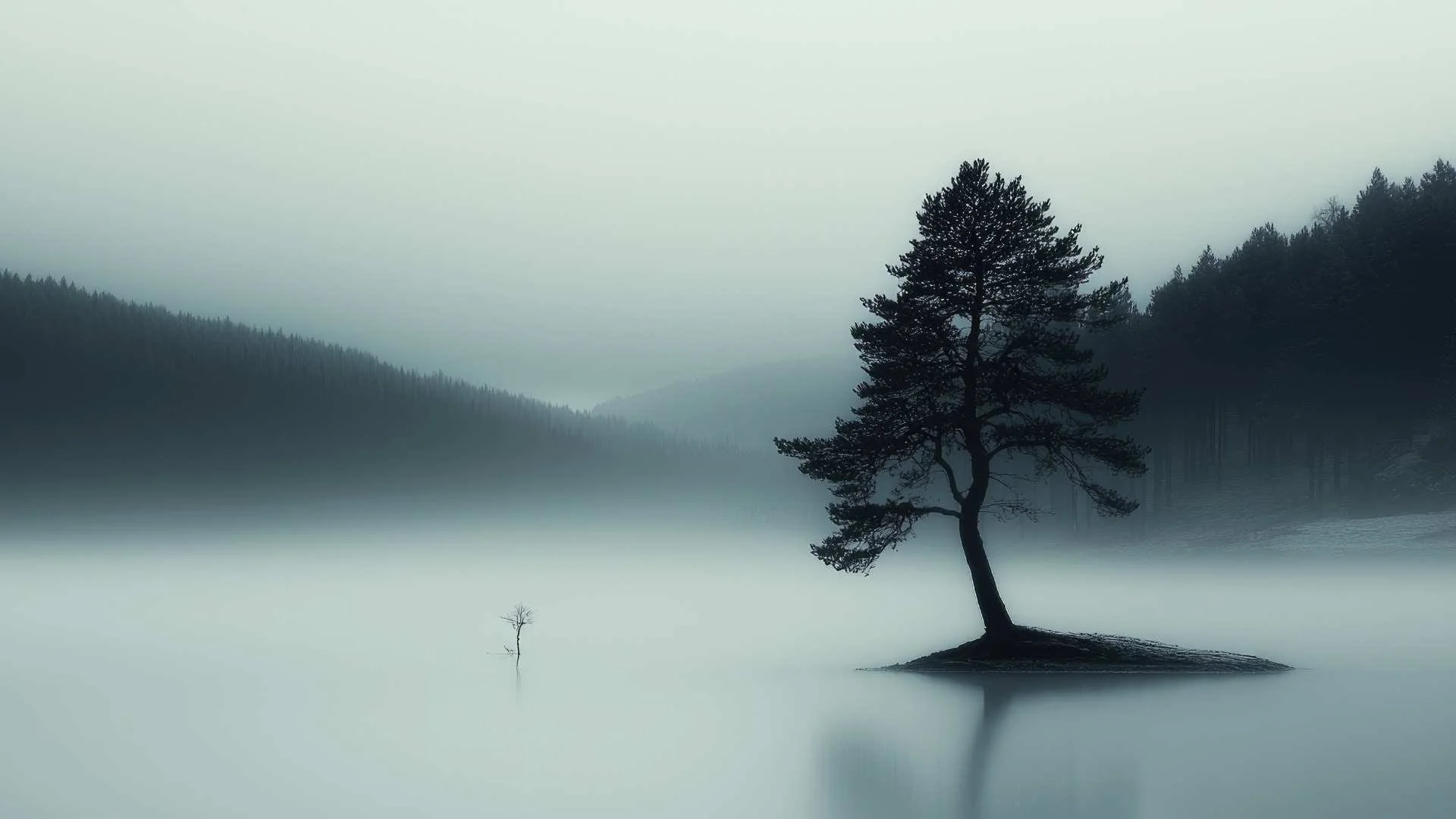 single tree in middle of lake