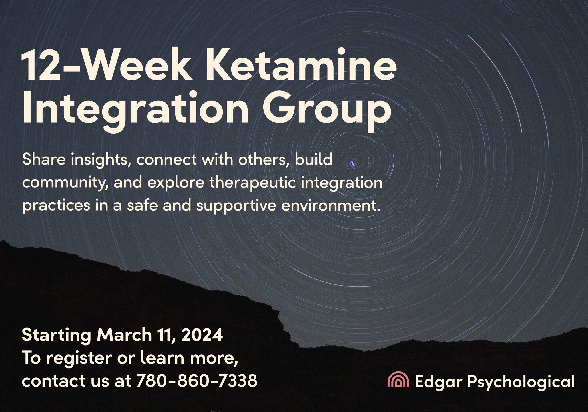 We have a 12-Week Ketamine Integration Group set to start on March 11, 2024. 

This 12-week program will offer opportunities to share insights, connect with others, build community, and explore therapeutic integration practices in a safe and supporti