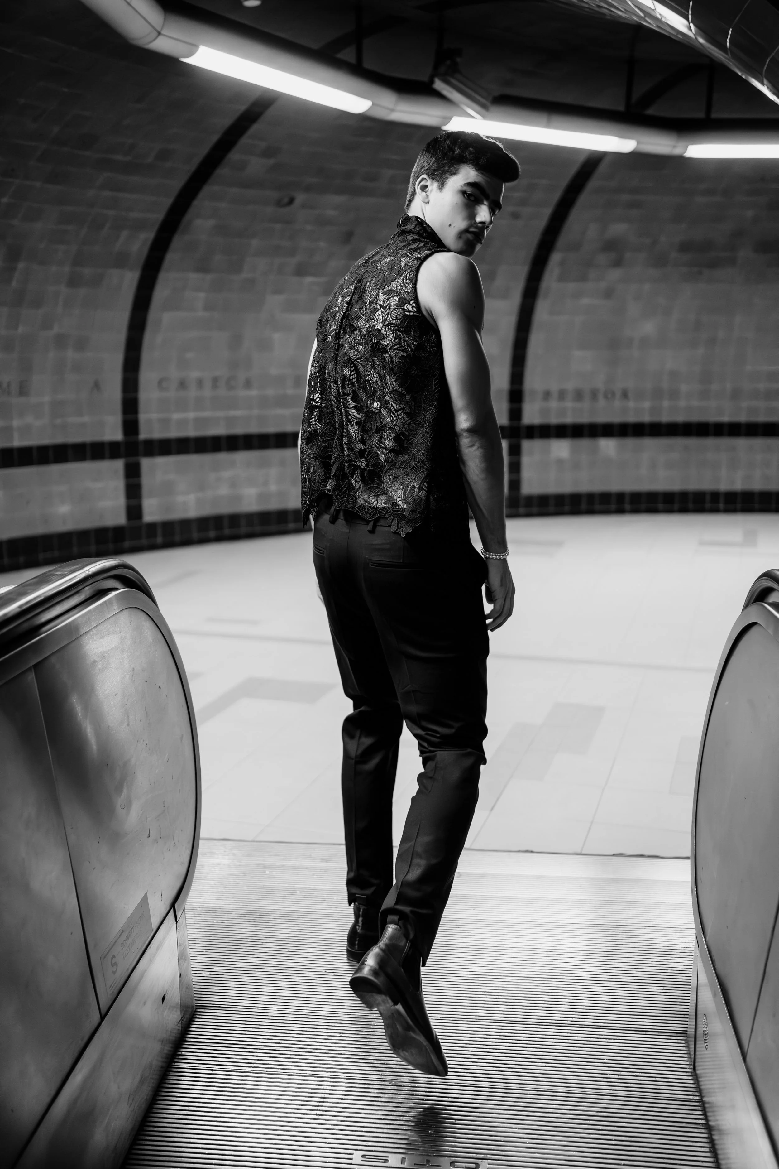 Black and white male fashion in Lisbon's metro