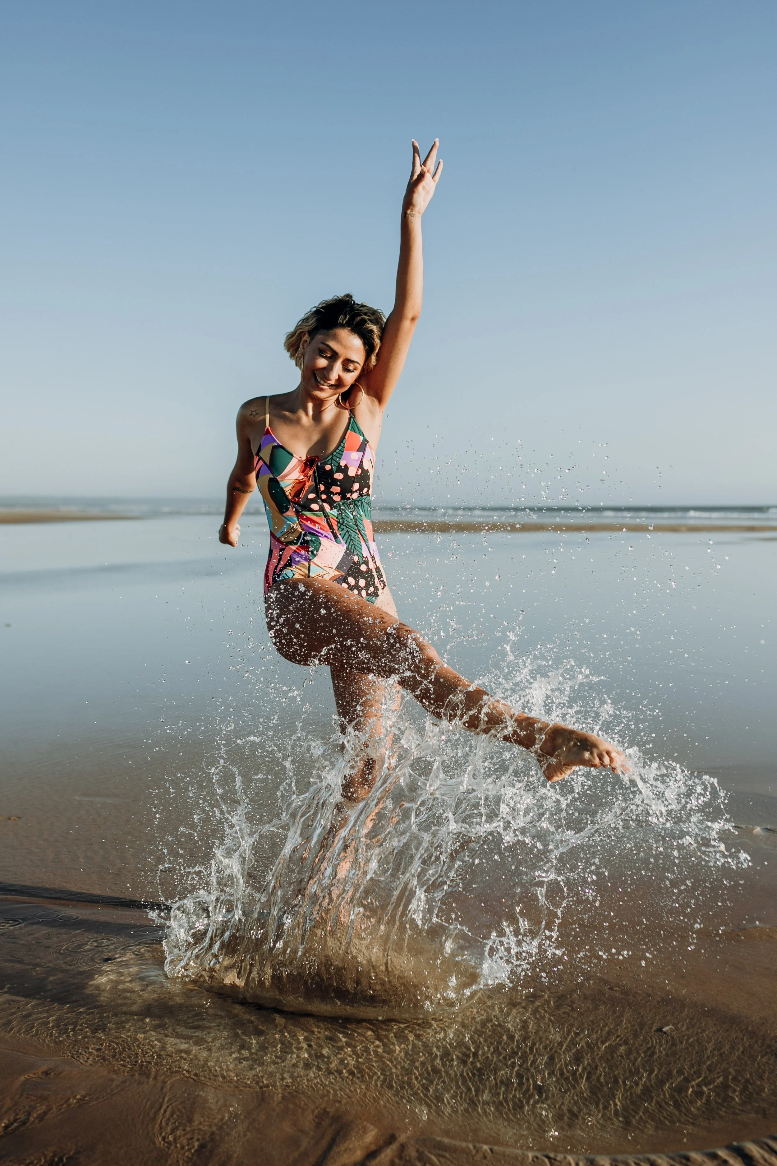 Model having fun at swimwear campaign