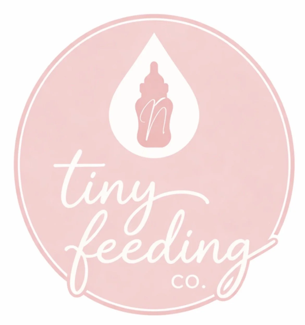 A pink circular logo with a droplet shape containing a baby bottle, with the words 'tiny feeding co.' written in white cursive text.