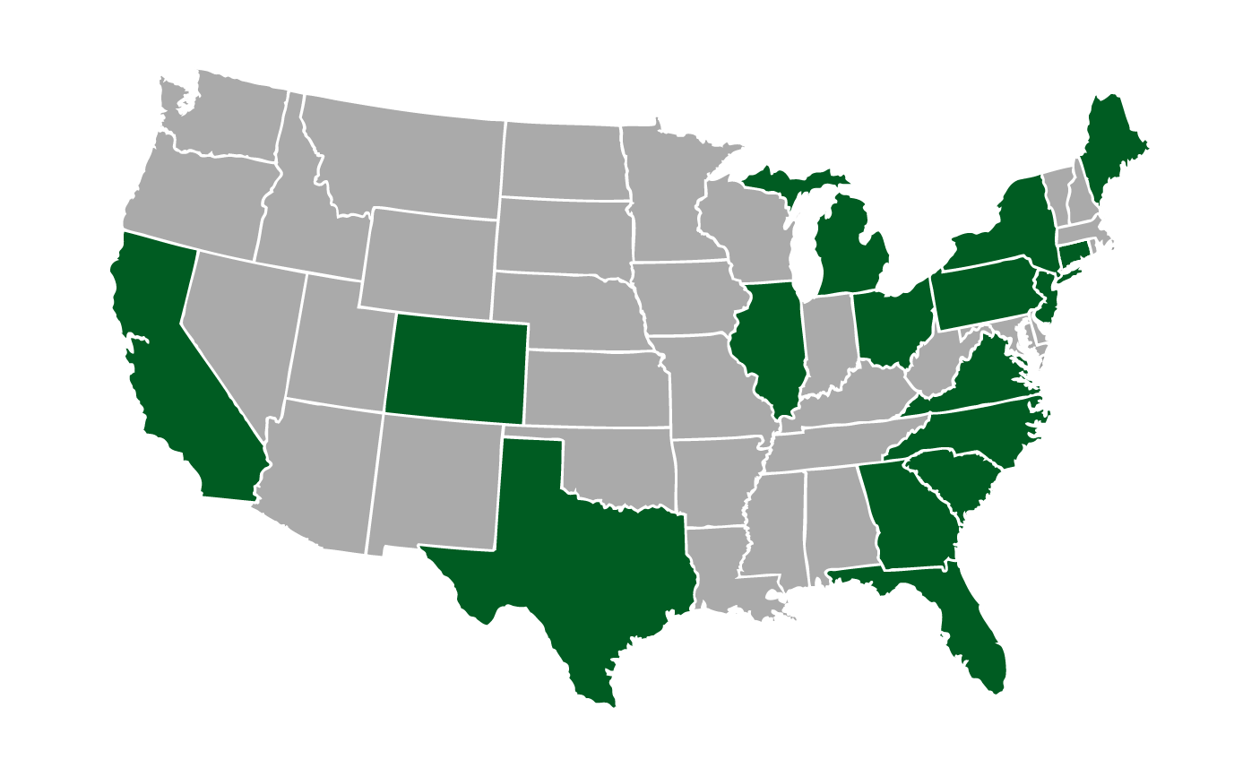 Map of the 16 states where Greenlight Insurance Agency is licensed
