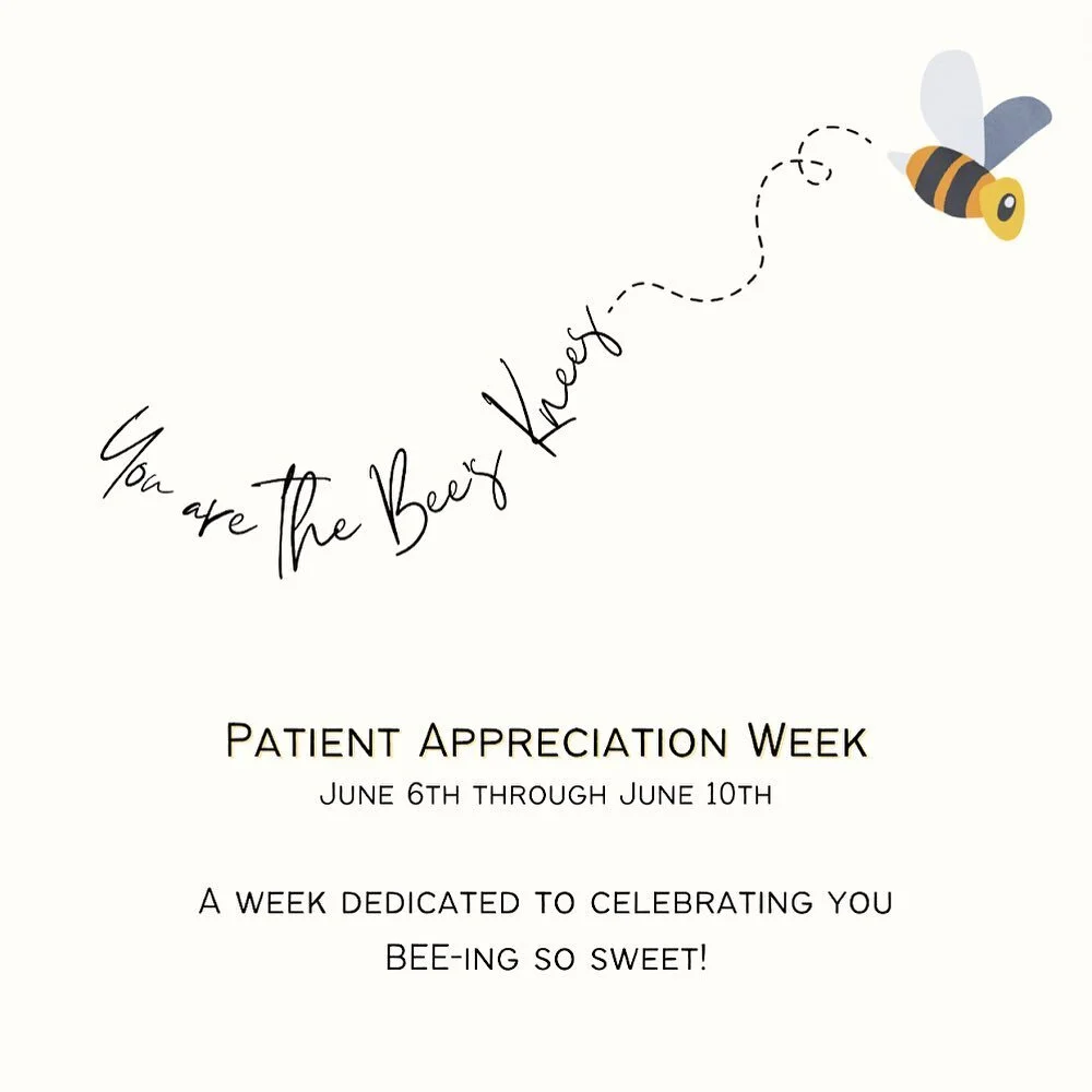 β¨Patient Appreciation Weekβ¨
Thank you for being the Bee’s Knees y’all! π Truly we are so grateful for everyone in our office. So to kick off summer, mark your calendar (June 6-10 π) because we are CELEBRATING YOU all week long! 
Swipe