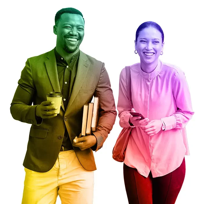 Two confident professionals walking together, representing collaboration and brand strategy support for small business owners.