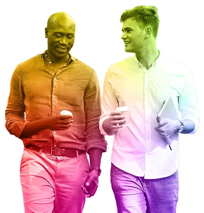 Informal business conversation between two people, symbolizing collaboration and ease of working together.