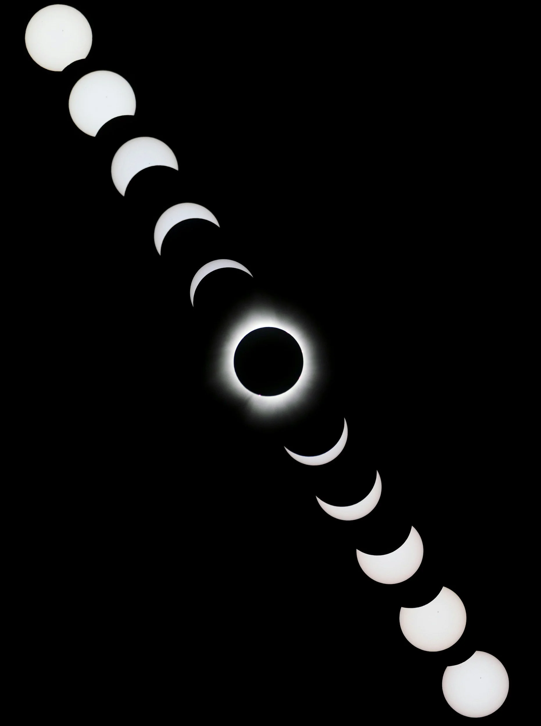 Sequence of solar eclipse phases showing the sun being gradually obscured by the moon, culminating in a total solar eclipse.