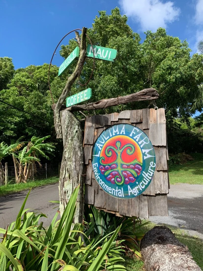 A wooden sign for Laulima Farm with 'Environmental Agriculture' text and a colorful circular design. Green direction signs above indicate "Maui," "Coffee," and "Vegetable." Surrounded by lush greenery and trees.